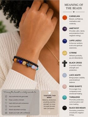 Multicolor Gemstone Beaded Bracelet with Black Cross Accent - Women
